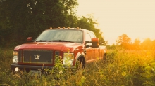 Красный Форд Ф-350, кусты, трава, закат, лес